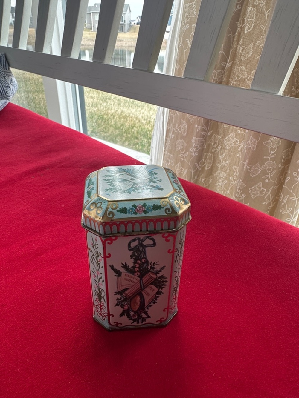 VTG Meister tin container ,an ornate musical and floral motif, made in Brazil